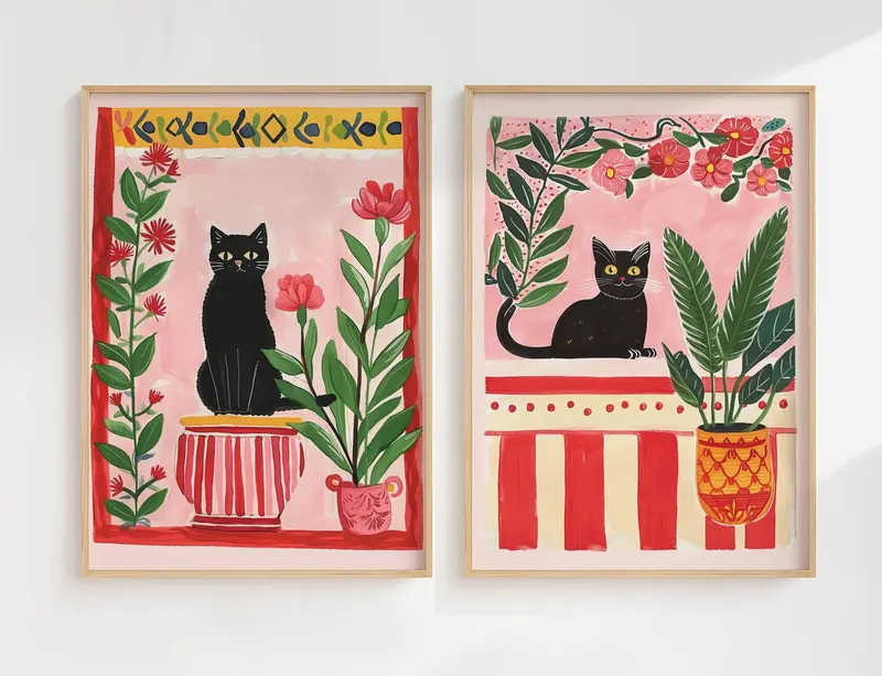 Set de 2 affiches chat noir – illustrations chats noirs poétique et vintage – art mural poétique – déco murale chambre ou salon