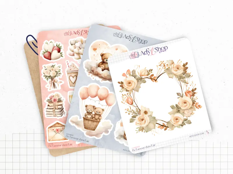 Set de 3 de Planches Stickers "De l'Amour dans l'Air" - Autocollants sur le thème de l'amour - Saint Valentin, amoureux, love - Bullet Journal / Planner