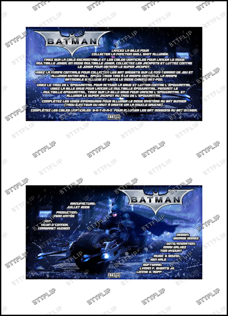 Stern Batman The Dark Knight 2008 Jeu Cartes règles Instructions Flipper Custom Apron V2