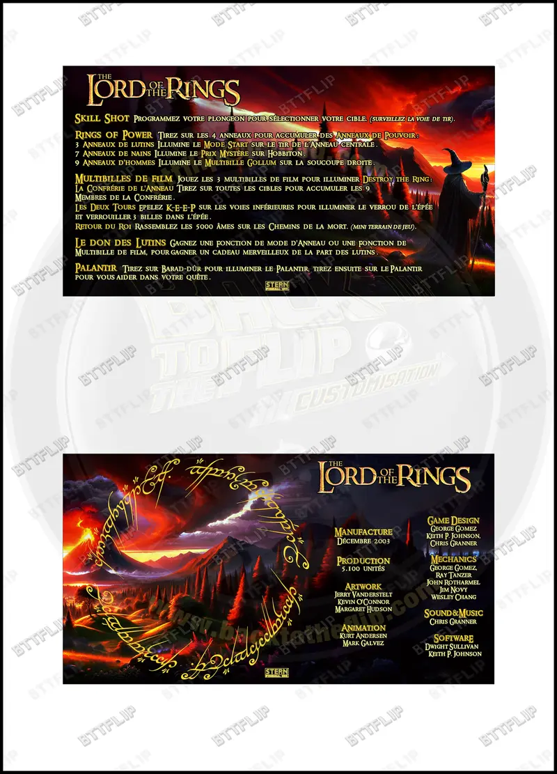Stern The Lord Of The Rings 2003 Jeu Cartes règles Instructions Flipper Custom Apron V2