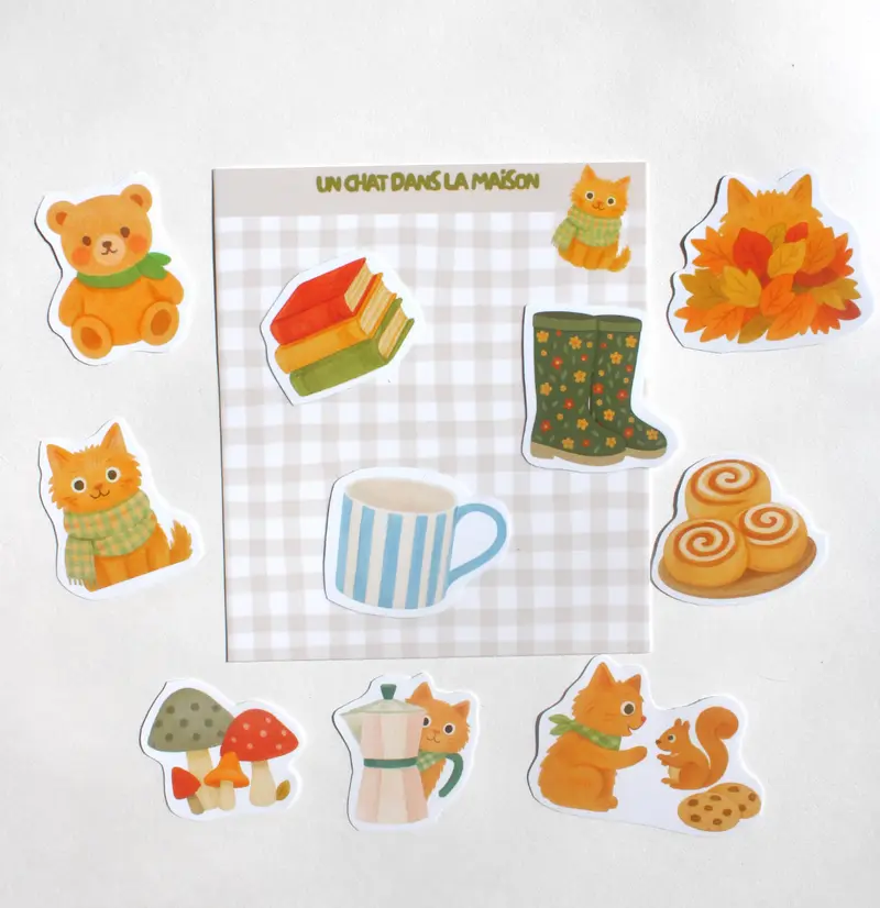 Stickers automne journaling - "L'automne du chat roux" - stickers chat roux & automne – Pack de 10 stickers vinyle - idée cadeau chat roux