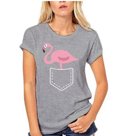 T-shirt avec Flamant Rose Poche Gris