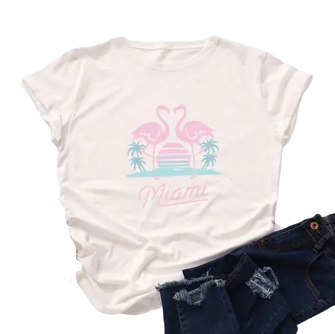 T-shirt Femme Flamant Rose Miami Blanc