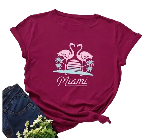 T-shirt Femme Flamant Rose Miami Bordeaux
