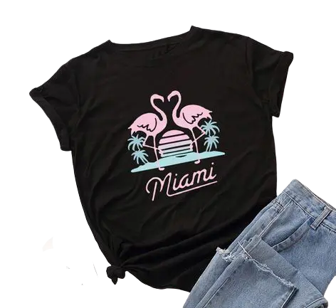 T-shirt Femme Flamant Rose Miami Noir