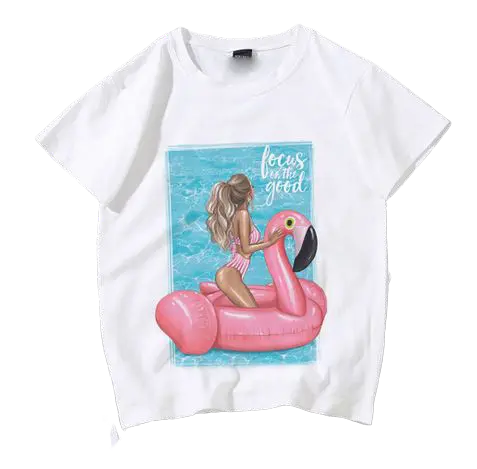 T-shirt Flamant Rose Bouée Focus Blanc