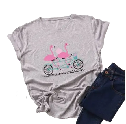 T-shirt Flamant Rose Motif Tandem Gris Clair