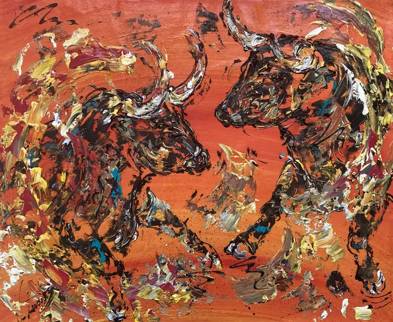 Tableau 'Duel Solaire' (Deux Taureaux) 55x46cm - Peinture originale | VGL©