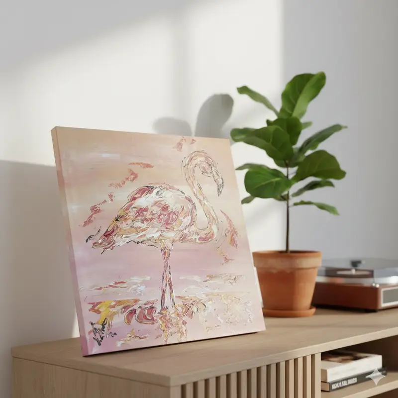 Tableau Flamant rose - L'Élégance Rose 40x40cm - Peinture originale | VGL©