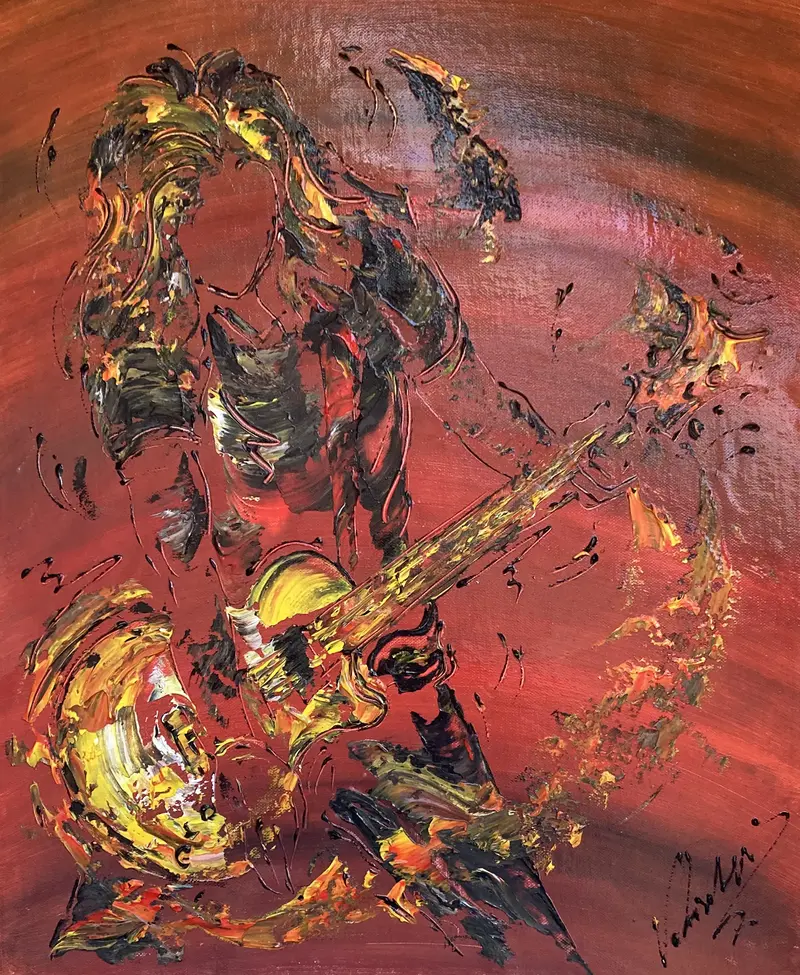 Tableau Guitariste Hard Rock "Riff Électrique" 55x46cm - Peinture originale | VGL©