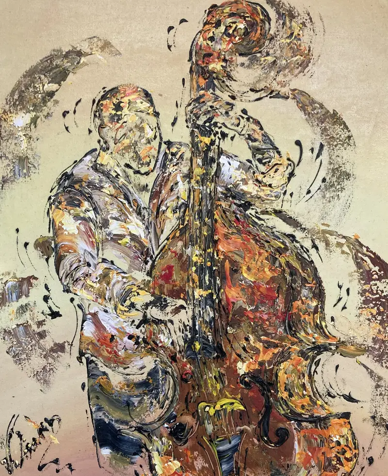Tableau Musicien contrebasse jazz 55x46cm - Peinture originale | VGL©