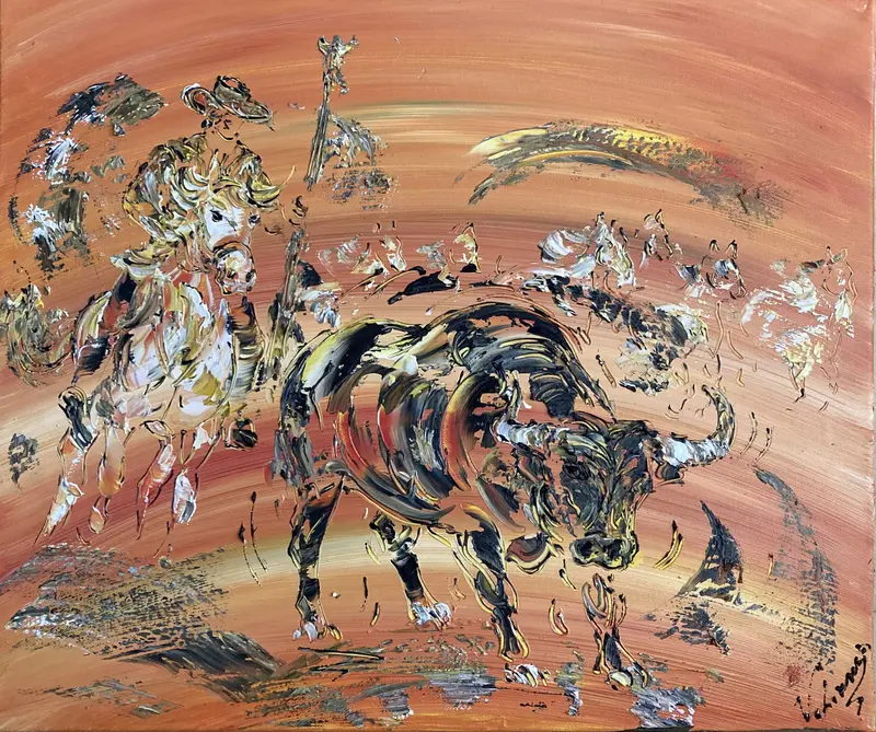 Tableau Peinture Camargue Gardian - Spatule Reliefs - Toile Originale 55x46cm
