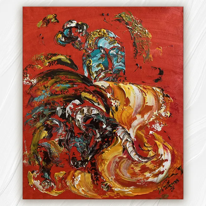 Tableau Peinture Corrida Rouge Tauromachie - Spatule Reliefs - Toile Originale 55x46cm