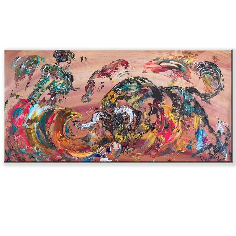 Tableau Peinture Corrida Tauromachie Taureau - Spatule Reliefs - Toile Originale 30x60cm