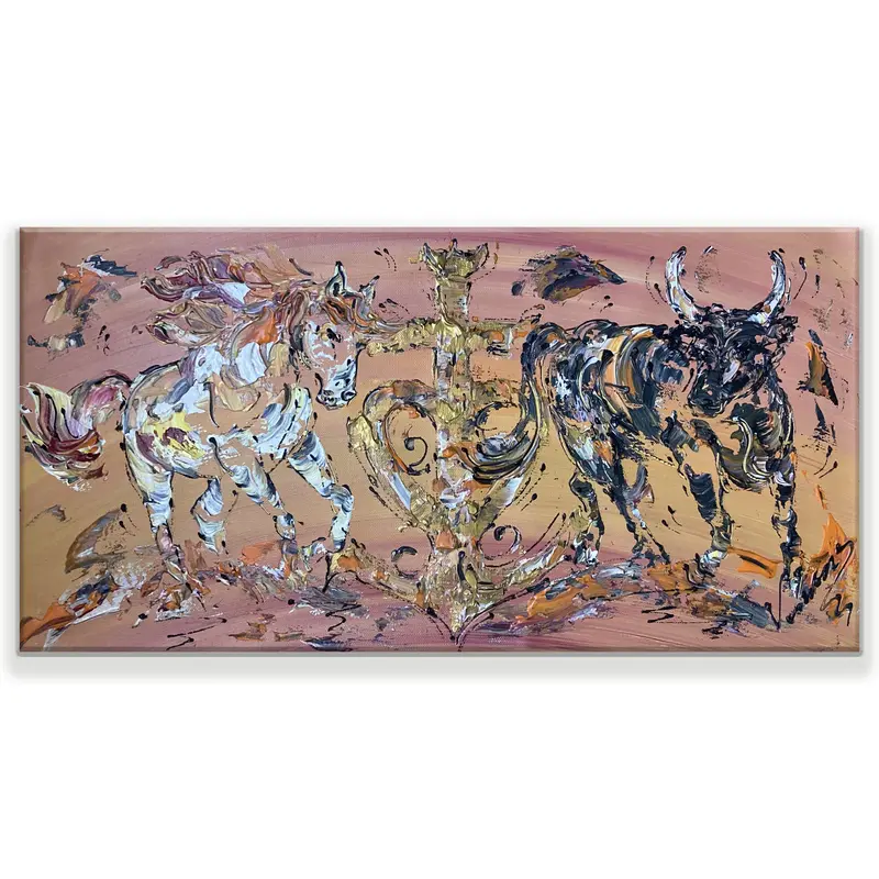 Tableau Peinture Croix Camargue Cheval Taureau - Spatule Reliefs - Toile Originale 30x60cm