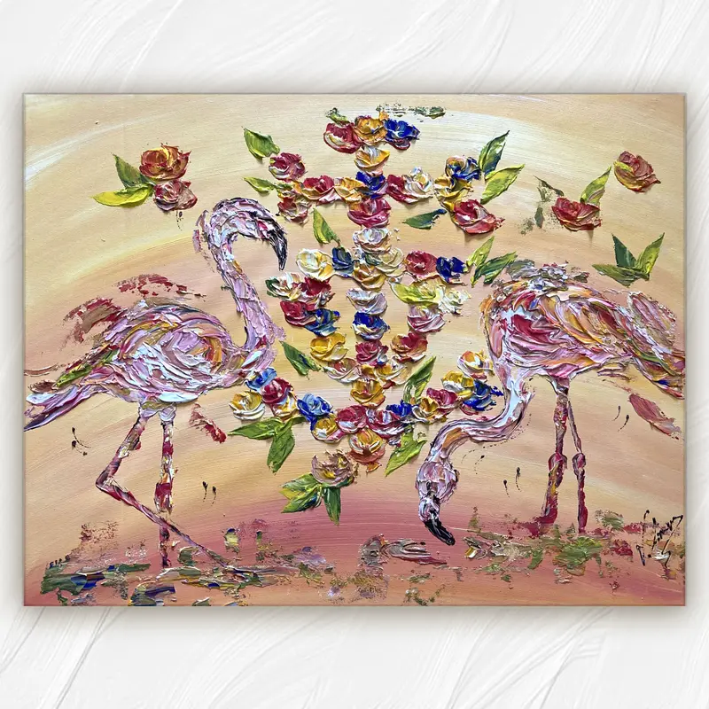 Tableau Peinture Croix Camargue Flamants Roses - Spatule Reliefs - Toile Originale 50x65cm Reliefs