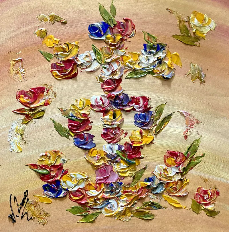 Tableau Peinture Croix Camargue Fleurs - Spatule Reliefs - Toile Originale 40x40cm Reliefs