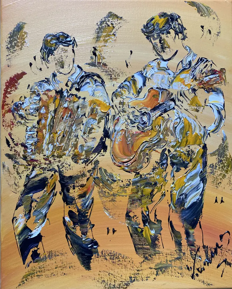 Tableau Peinture Duo Musiciens Accordéoniste Guitariste - Spatule Reliefs - Toile Originale 30x40cm