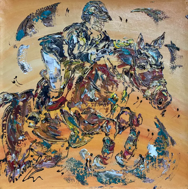 Tableau Peinture équitation saut d'obstacle - Spatule Reliefs - Toile Originale 40x40cm
