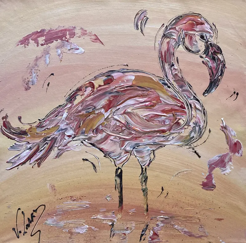 Tableau Peinture Flamant Rose Camargue - Spatule Reliefs - Toile Originale 40x40cm