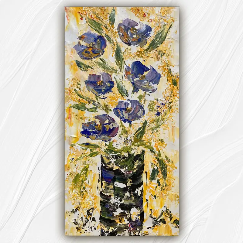 Tableau Peinture Fleurs Bleues Violettes - Spatule Reliefs - Toile Originale 30x60cm