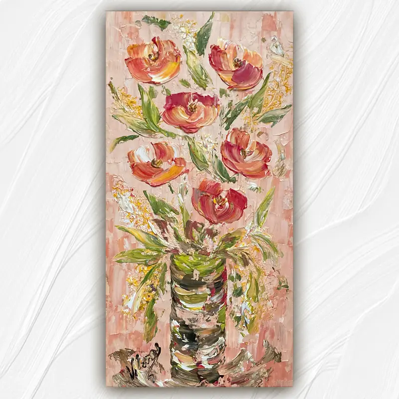 Tableau Peinture Fleurs Fond Rose - Spatule Reliefs - Toile Originale 30x60cm