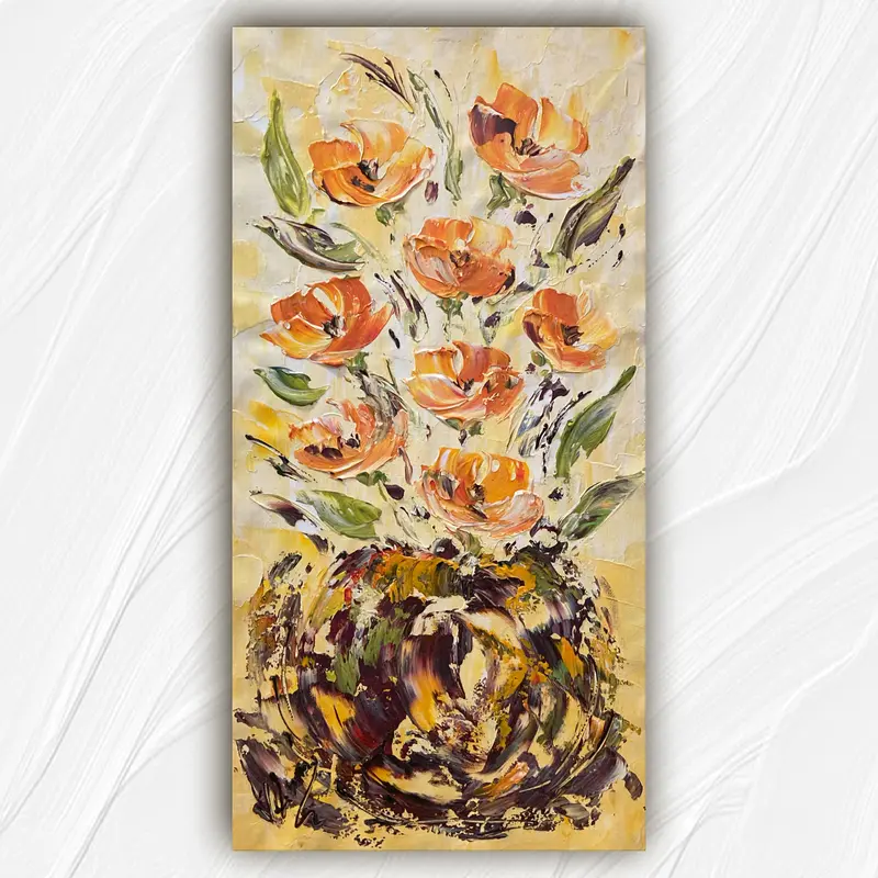 Tableau Peinture Fleurs Oranges - Spatule Reliefs - Toile Originale 30x60cm