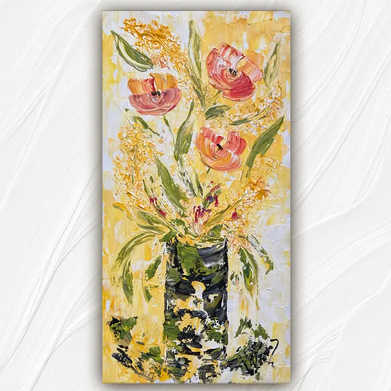 Tableau Peinture Fleurs Rose Saumon - Spatule Reliefs - Toile Originale 30x60cm