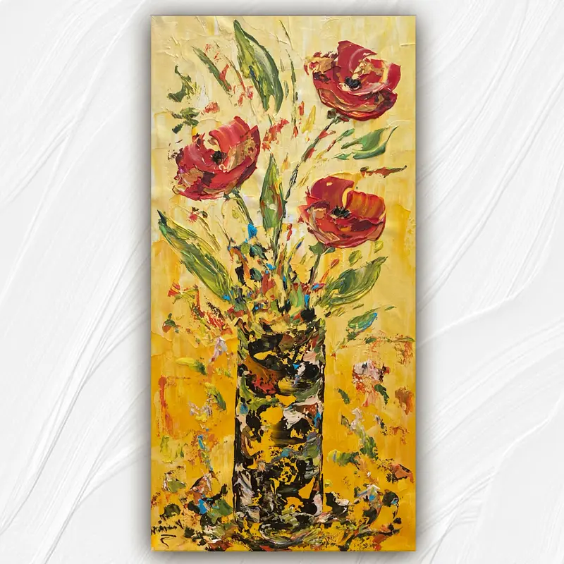 Tableau Peinture Fleurs Rouges Fond Jaune-  Spatule Reliefs - Toile Originale 30x60cm