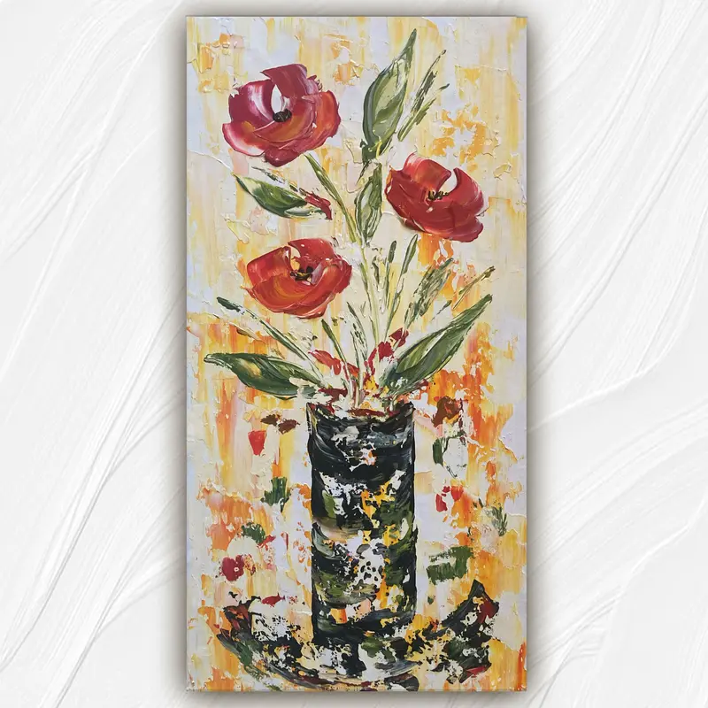 Tableau Peinture Fleurs Rouges - Spatule Reliefs - Toile Originale 30x60cm