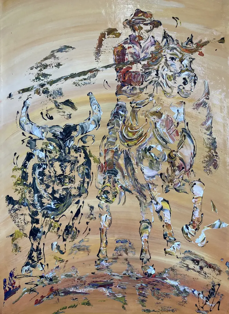 Tableau Peinture-  Gardian & Taureau Camargue 50x70cm