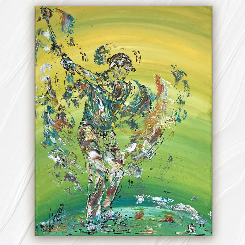 Tableau Peinture Golf Swing Golfeur - Spatule Reliefs - Toile Originale 50x65cm