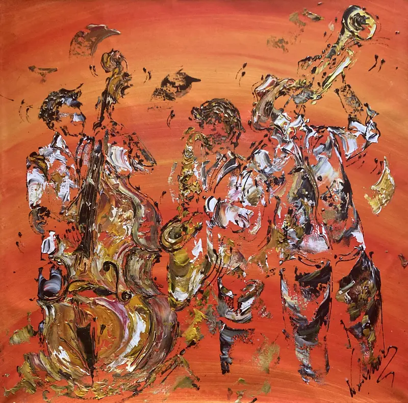 Tableau Peinture Groupe Jazz Musiciens - Spatule Reliefs - Toile Originale 60x60cm