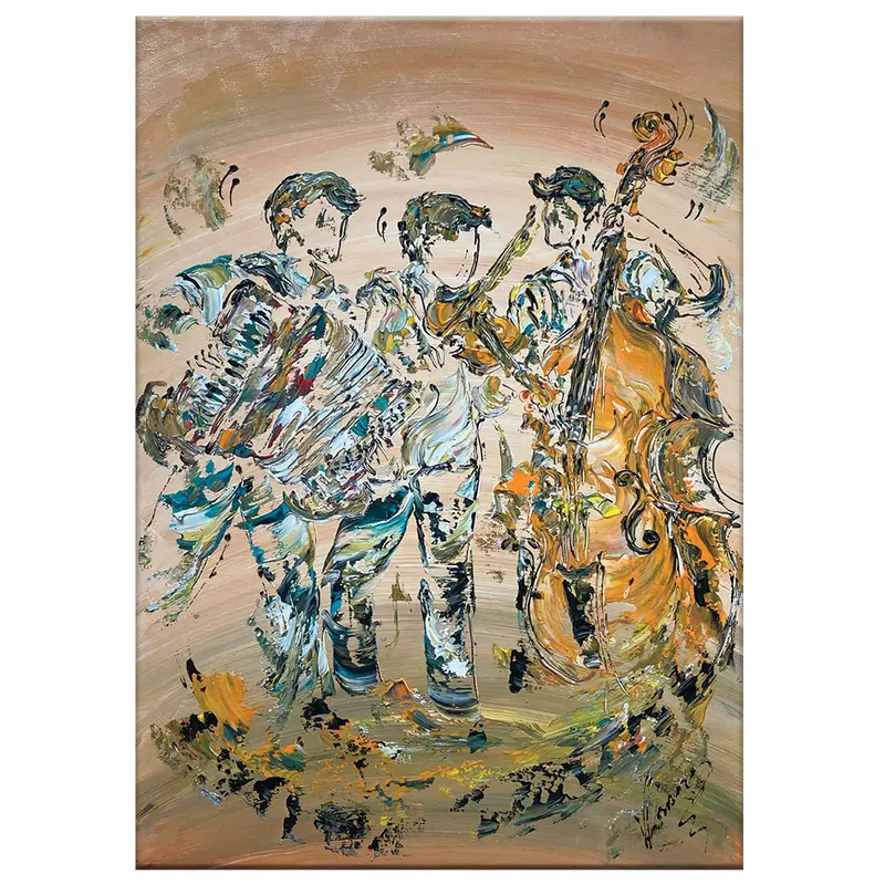 Tableau Peinture Groupe Musiciens Accordéon Violon Contrebasse - Spatule Reliefs - Toile Originale 50x70cm