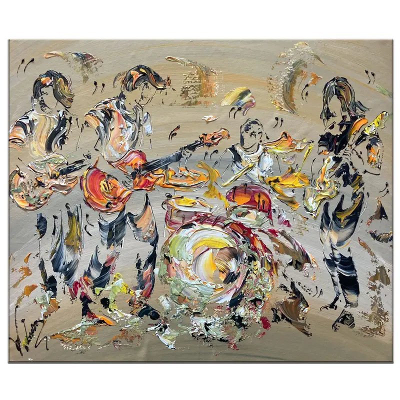 Tableau Peinture Groupe Musiciens Hard Rock Batterie Guitares - Spatule Reliefs - Toile Originale 55x46cm