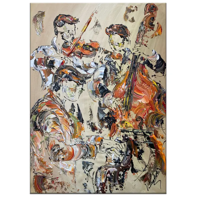 Tableau Peinture Groupe Musiciens Jazz Contrebasse Piano Violon - Spatule Reliefs - Toile Originale 50x70cm