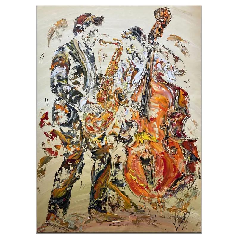 Tableau Peinture Groupe Musiciens Jazz Contrebasse Saxo - Spatule Reliefs - Toile Originale 65x92cm