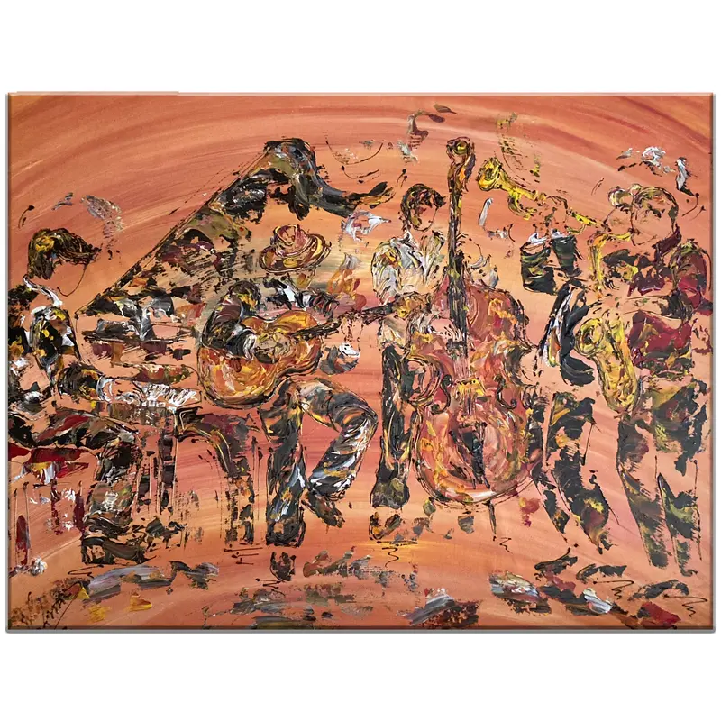 Tableau Peinture Groupe Musiciens Jazz - Spatule Reliefs - Toile Originale 92x73cm