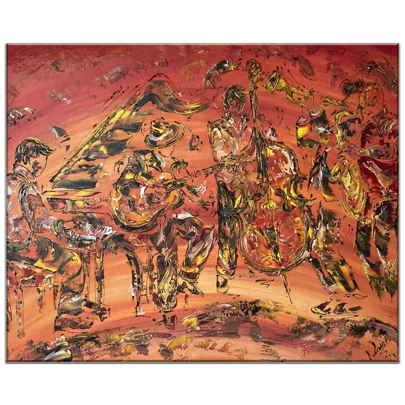 Tableau Peinture Groupe Musiciens Jazz - Spatule Reliefs - Toile Originale 92x73cm