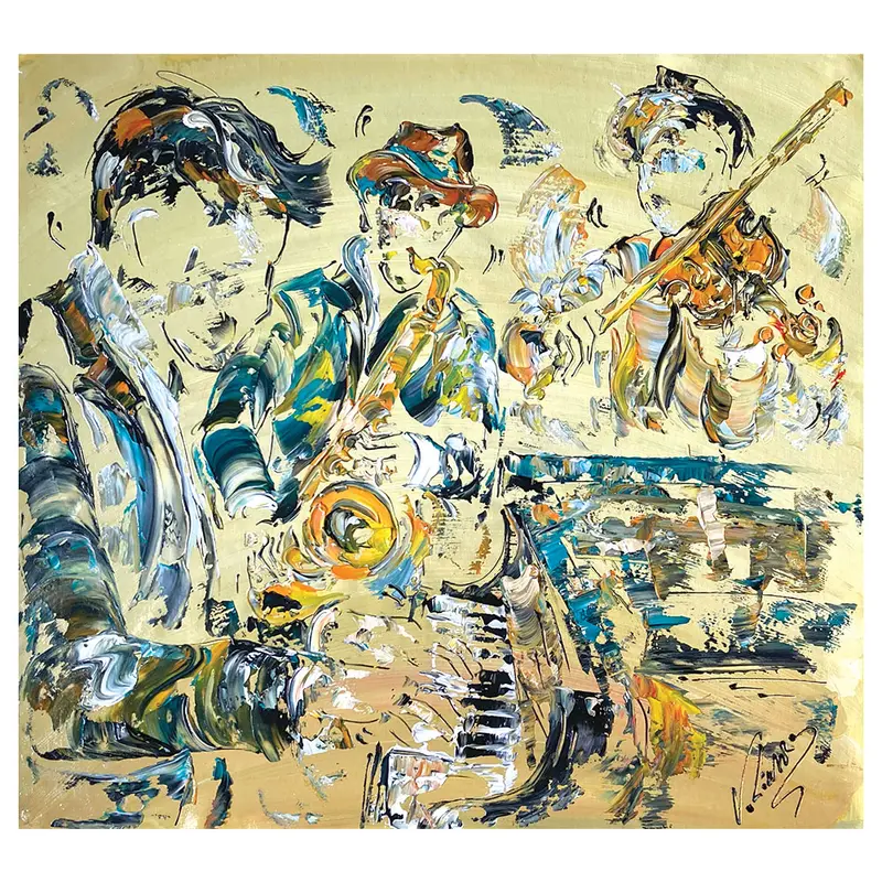 Tableau Peinture Groupe Musiciens Piano Violon Saxo - Spatule Reliefs - Toile Originale 60x70cm