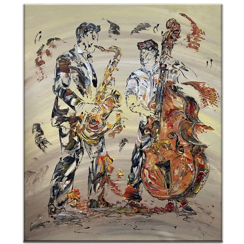 Tableau Peinture Jazz Musiciens Saxophone Contrebasse - Spatule Reliefs - Toile Originale 60x73cm