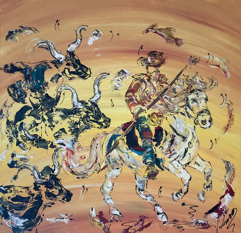 Tableau Peinture Manade Camargue Gardian Taureaux - Spatule Reliefs - Toile Originale 60x60cm