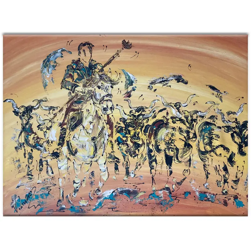 Tableau Peinture Manade Camargue Gardian Taureaux - Spatule Reliefs - Toile Originale 60x80cm