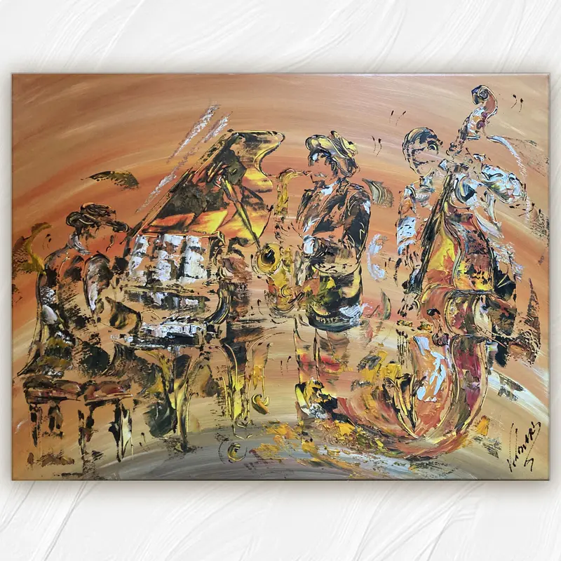 Tableau Peinture Musiciens Jazz - Spatule Reliefs - Toile Originale 60x80cm Reliefs
