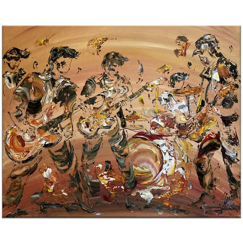 Tableau Peinture Musique Hard Rock Batterie Guitares - Spatule Reliefs - Toile Originale 60x70cm