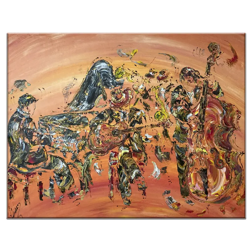 Tableau Peinture Musique Jazz Musiciens - Spatule Reliefs - Toile Originale 92x73cm