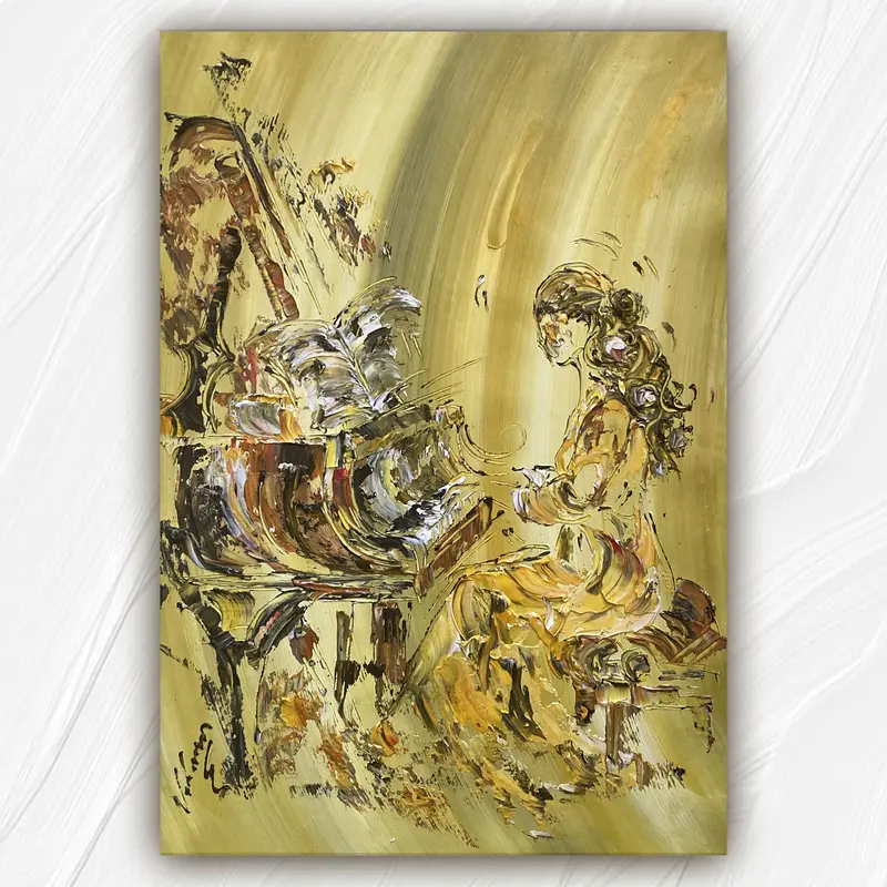 Tableau Peinture Pianiste Classique - Spatule Reliefs - Toile Originale 55x38cm