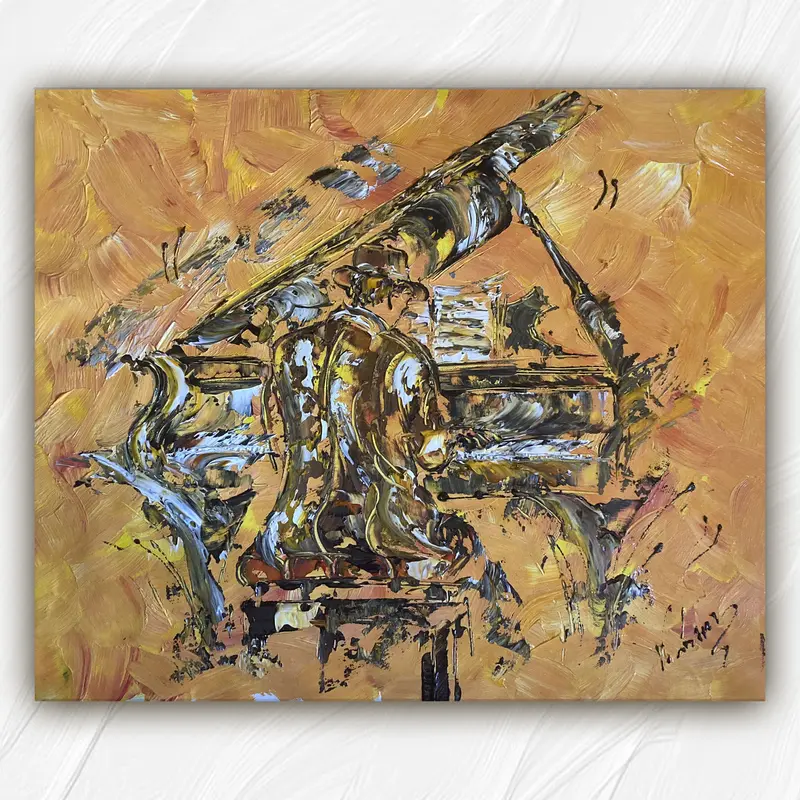 Tableau Peinture Pianiste Jazz - Spatule Reliefs - Toile Originale 55x46cm