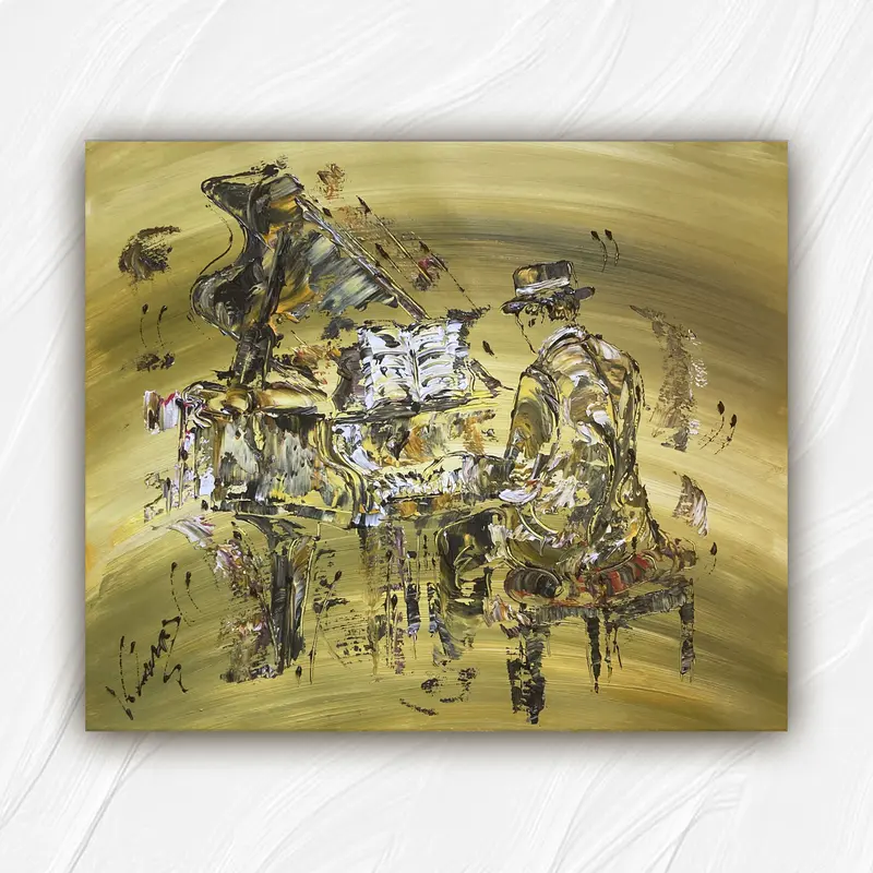 Tableau Peinture Pianiste Jazz - Spatule Reliefs - Toile Originale 55x46cm