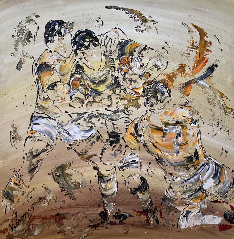 Tableau Peinture Rugby Action - Spatule Reliefs - Toile Originale 60x60cm